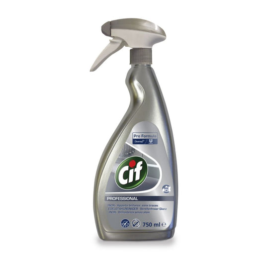 Eine 750 ml Sprühflasche mit Cif Professional Edelstahlreiniger, der zum Reinigen und Schützen von Edelstahloberflächen entwickelt wurde, weist ein elegantes grau-weißes Design auf. Auf dem Etikett ist das Cif-Logo zusammen mit „Pro Formula“ von Diversey Deutschland GmbH & Co. OHG deutlich zu sehen. Mit einer Sprühdüse ist sie ideal für professionelle Anwendungen.