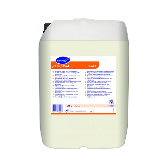 Den hvide plastbeholder bærer etiketten „Clax Profi 36A1“ fra Diversey Deutschland GmbH & Co. OHG i blåt-orange design. Dette universalmiddel til blødt vand har omfattende produktinformationer på flere sprog og indeholder 20 liter væske, ideel til let til moderat snavset tekstiler.