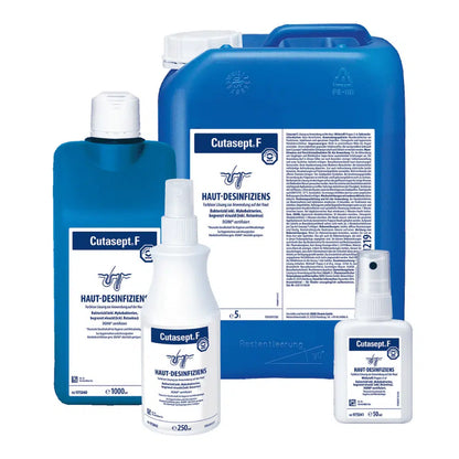 En samling af Bode Cutasept® F hudantiseptiske desinfektionsprodukter i forskellige størrelser, herunder flasker og en stor beholder, alle med iøjnefaldende etikettering, udviklet til huddesinfektion med hudantiseptiske egenskaber fra Paul Hartmann AG.