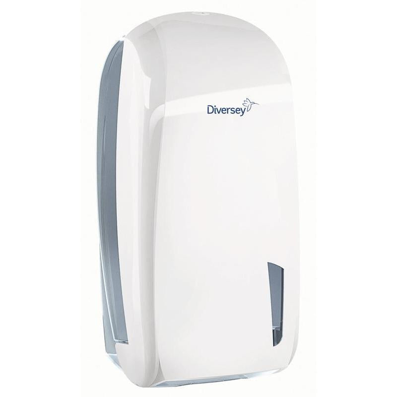 Diversey enkeltark-toiletpapirholderen i hvid/gennemsigtig plastik (328 x 165 x 135 mm) til enkeltark har et inspektionsvindue og sikrer hygiejnisk toiletpapir i offentlige sanitære områder. Passer til papir 7523655.