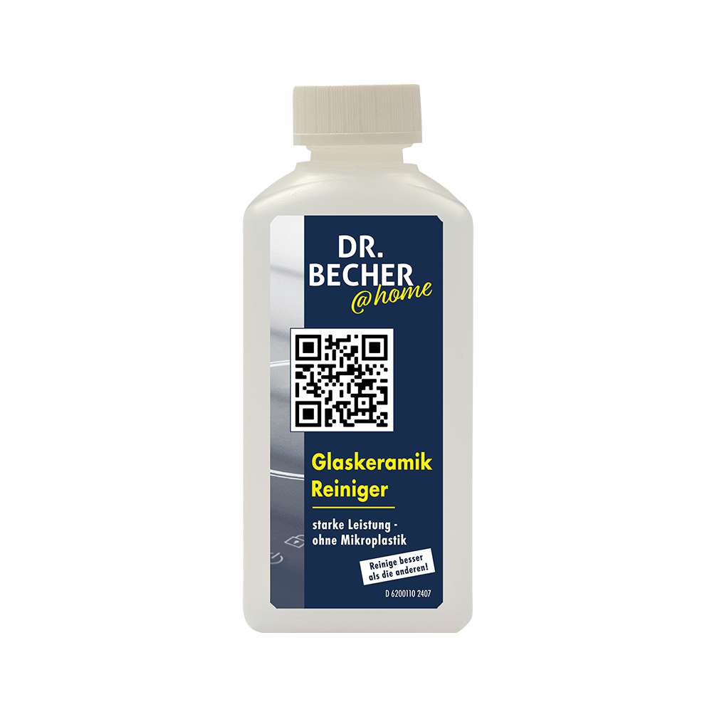 Eine 250 ml Flasche DR.BECHER @home CERAN Kochfeld Glaskeramik Reiniger der Dr. Becher GmbH, mit blauem Etikett und QR-Code. Der Reiniger ist stark, effektiv und mikroplastikfrei für CERAN-Kochfelder.