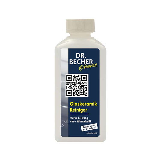 Eine 250 ml Flasche DR.BECHER @home CERAN Kochfeld Glaskeramik Reiniger der Dr. Becher GmbH, mit blauem Etikett und QR-Code. Der Reiniger ist stark, effektiv und mikroplastikfrei für CERAN-Kochfelder.