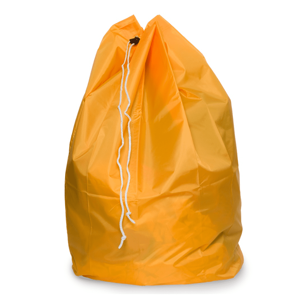 DEISS bortskaffelsessæk med PP-snor og bundsløjfe, en 120-liters snorepose fra EMIL DEISS KG (GmbH + Co.), står oprejst foran en hvid baggrund. Den er lavet af krøllet polyestervæv, og åbningen er lukket med en robust hvid snor.