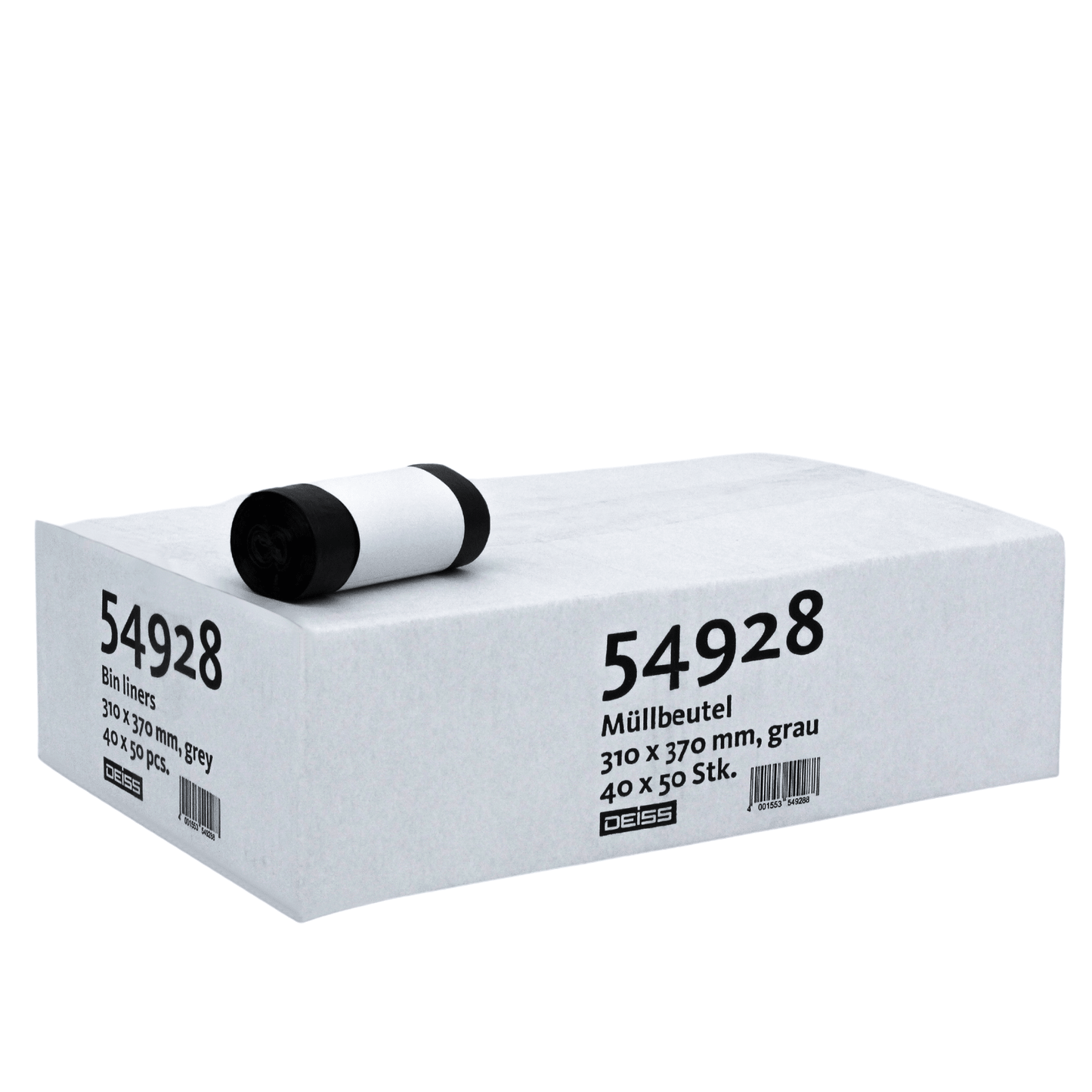 På en kasse med grå affaldsposer af mærket EMIL DEISS KG (GmbH + Co.) med rulle øverst er produktdetaljerne skrevet: „6 liter rivefast med 10–20 % regeneratindhold, 310 x 370 mm, grå, 40 x 50 stk.“ og „30 x 39“, „30 stk.“ i sort skrift.