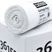 Auf einer weißen Kiste liegt eine Rolle weißer Müllsäcke, die mit 50 Stück beschriftet ist. Sie bestehen aus umweltfreundlichem Recycling-LDPE und sind mit dem Markennamen „EMIL DEISS KG (GmbH + Co.)“ gekennzeichnet. Diese DEISS LDPE Müllsäcke 80 Liter, Produktnummer 36151, bieten eine nachhaltige Möglichkeit zur Abfallbewirtschaftung.