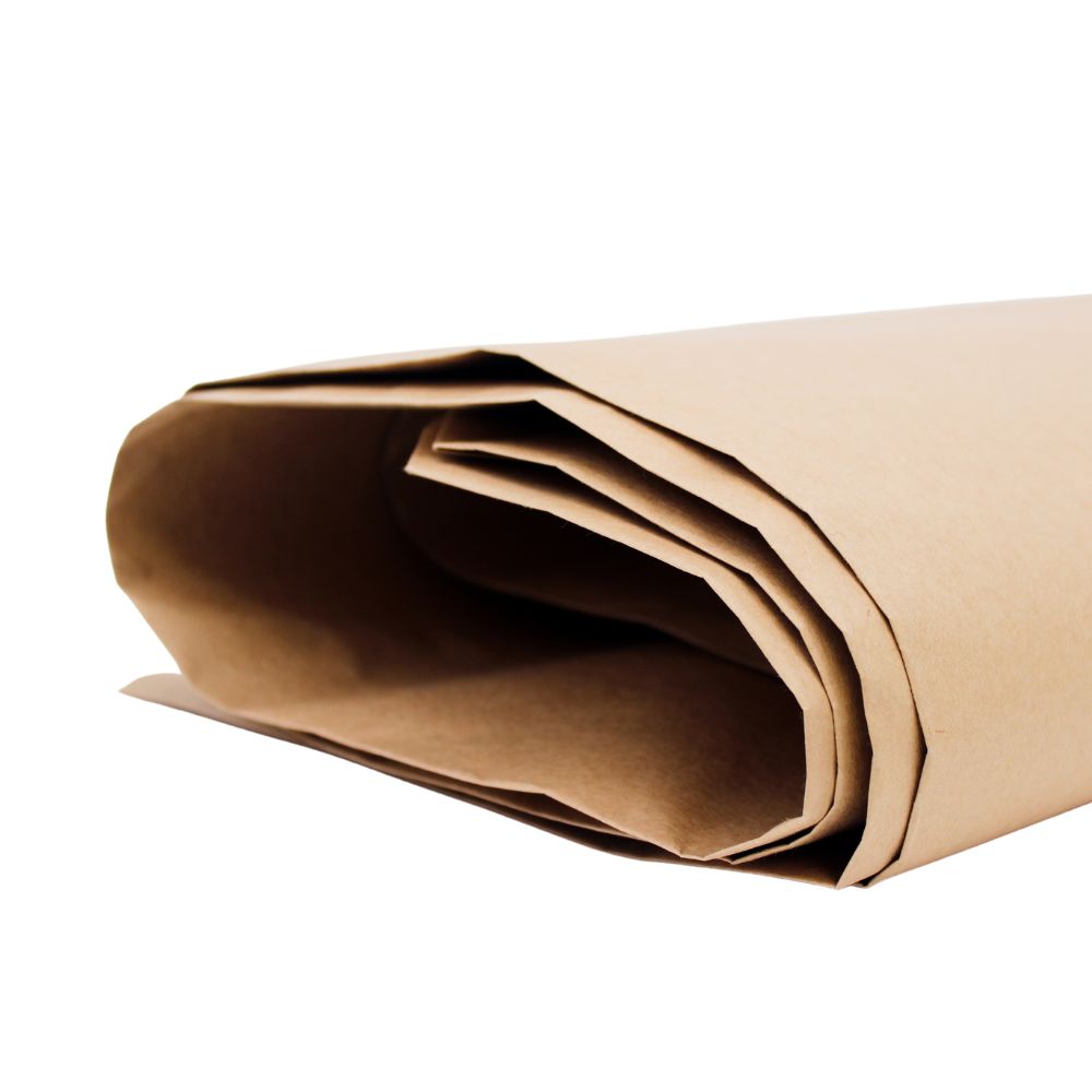 Nærbillede DEISS papirpose 120 liter fra EMIL DEISS KG (GmbH + Co.): flere glatte, ubetegnede brune kraftpapirsposer (25-pak), delvist rullet og stablet med synlige kanter.