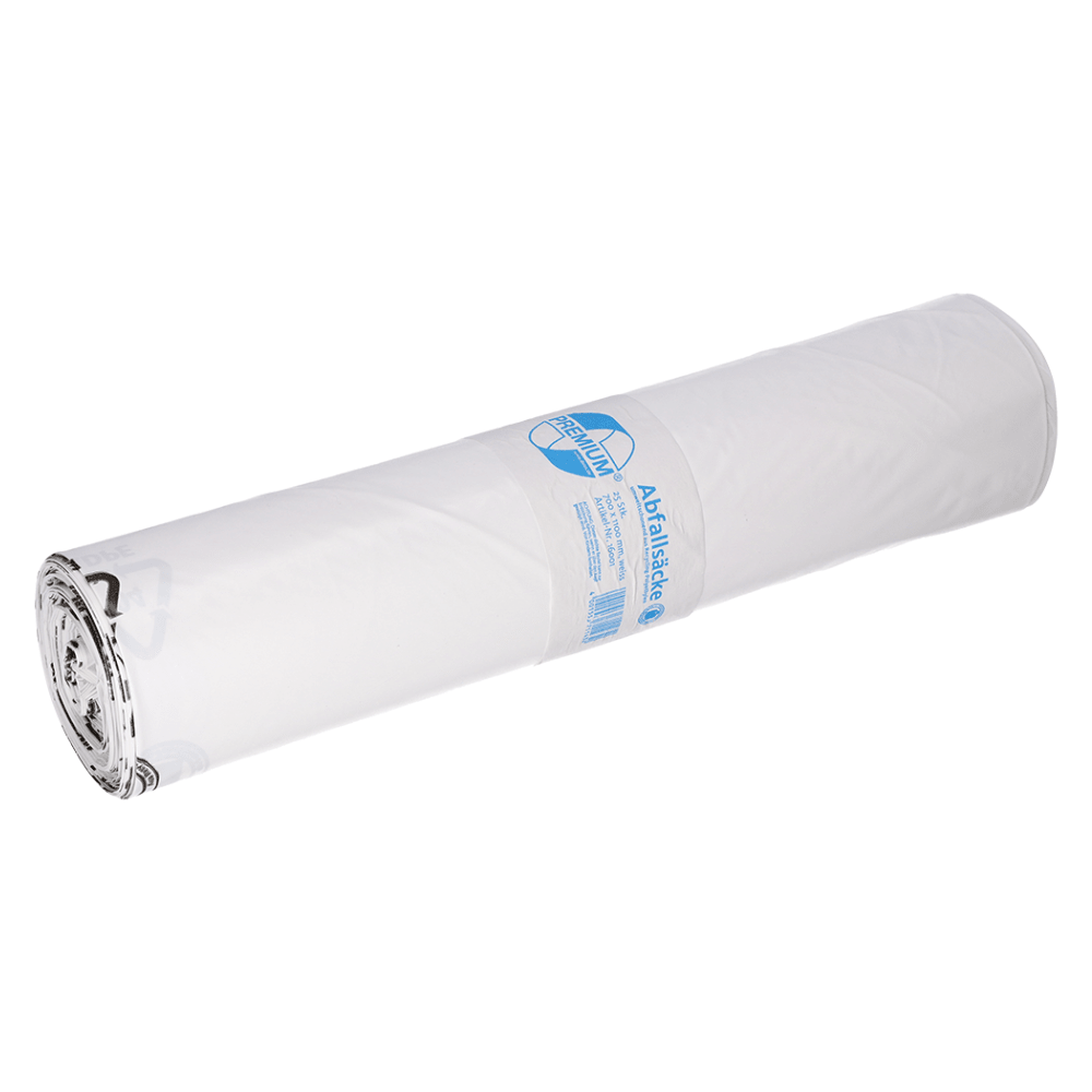 En oprullet hvid plastiksæk fra EMIL DEISS KG (GmbH + Co.) med en blå etiket, der viser modellen DEISS 16001 - 700x1100 mm Type 60. Etiketten fremhæver stolt sin kapacitet på 120 liter og understreger mærkets engagement for brugen af genbrugsmaterialer. Hver rulle indeholder 25 stykker.