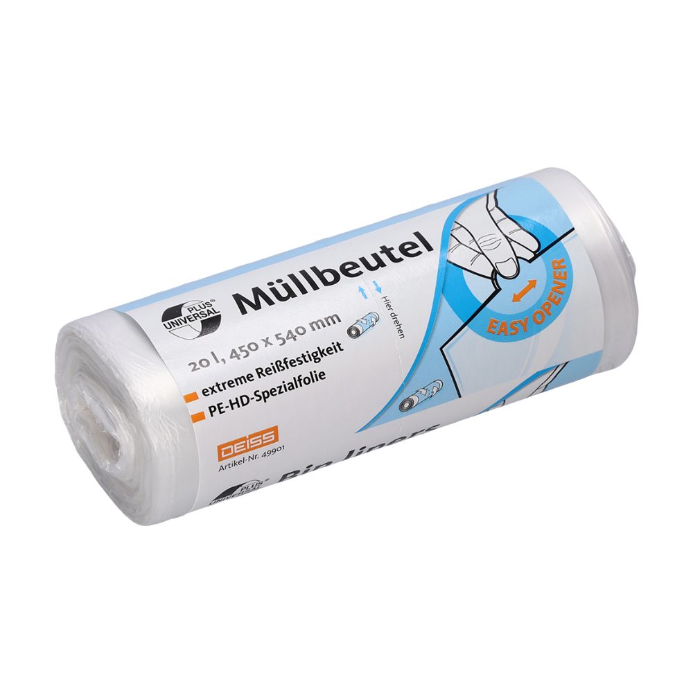 Abgebildet ist eine Rolle reißfester Müllbeutel mit der Aufschrift „DEISS Universal Plus® Müllbeutel 20 Liter, 49901“. Die Verpackung weist die Abmessungen 20 Liter, 450 x 540 mm, auf und ist mit einer Abbildung einer „Easy-Opener“-Funktion versehen. Hergestellt aus HDPE-Spezialfolie, lautet der Markenname EMIL DEISS KG (GmbH + Co.).