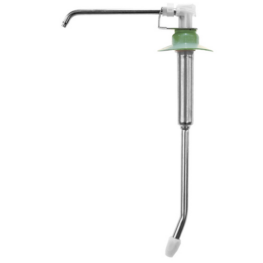 Die Dr. Schnell Ersatzpumpe für berührungslosen Spender, Euroflasche von DR.SCHNELL GmbH & Co. KGaA verfügt über einen langen Dispenserhebel, einen Ausguss, ein langes Rohr mit einer grünen Dichtung im oberen Bereich und eine weiße Kappe am Ende des Rohres.