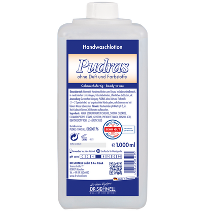 Eine 1.000 ml Plastikflasche Dr. Schnell PUDRAS ohne Duft und Farbstoffe Handwaschmittel von DR.SCHNELL GmbH & Co. KGaA, mit blau-weißem Etikett, Produktinformation, Gebrauchsanweisung, Zertifizierungen und hypoallergener Formel für empfindliche Haut.