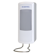 Ein weißer wandmontierter Dr. Schnell Spender V10N der DR.SCHNELL GmbH & Co. KGaA mit einer großen grauen Frontplatte mit der Aufschrift DR. SCHNELL" und ist an einem Metallständer befestigt - ideal für den hygienischen Einsatz von Reinigungs- und Desinfektionslösungen.