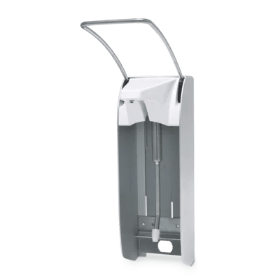 Dr. Schumacher vægdispenser AK 500 Plus lang er en vægmonteret dispenser lavet af rustfrit stål med en øvre arm til betjening med albuen og et tomt rum til din desinfektionsmiddel flaske.
