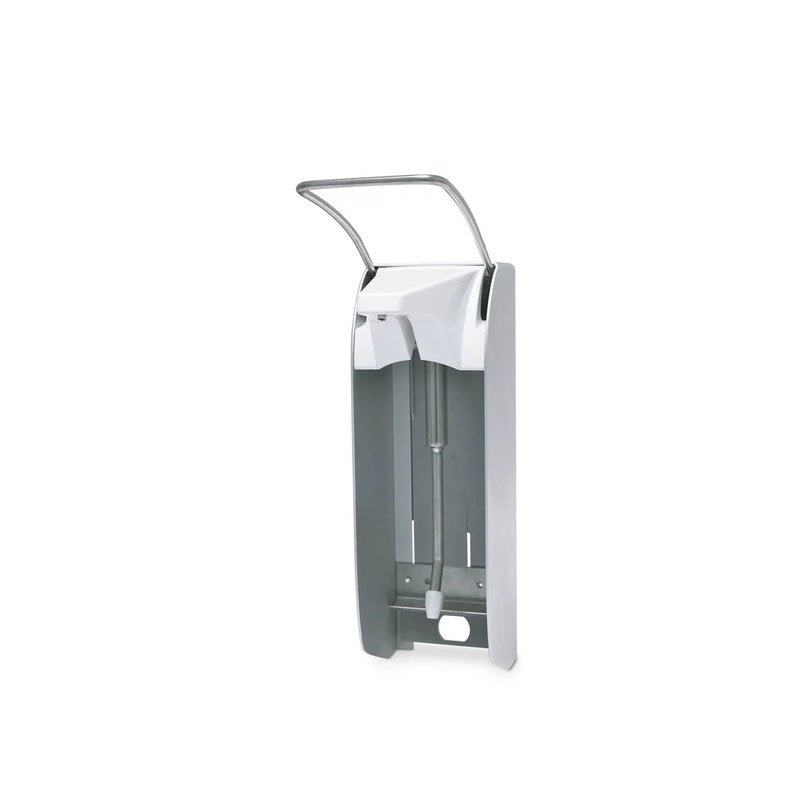 Dr. Schumacher vægdispenser AK 1000 Plus kort fra Dr. Schumacher GmbH er en vægmonteret hånddispenser med gråt kabinet, hvidt øverste del, metalhåndtag til albuebrug og en åben front, der viser den indvendige pumpe. Leveres i en pakke (karton).