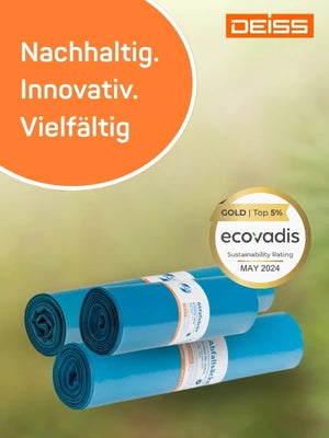 Werbung für Deiss Müllbeutel mit Nachhaltigkeitsfokus. Im Vordergrund liegen drei aufgerollte, türkisfarbene Müllsäcke nebeneinander auf einer grünen Fläche. Links oben im Bild steht in weißer Schrift auf orangem Hintergrund: ‚Nachhaltig. Innovativ. Vielfältig.‘ Oben rechts das Deiss-Logo in Weiß auf orangefarbenem Rechteck. Daneben ein rundes Siegel: ‚ecovadis Gold | Top 5 % – Sustainability Rating – May 2024‘.