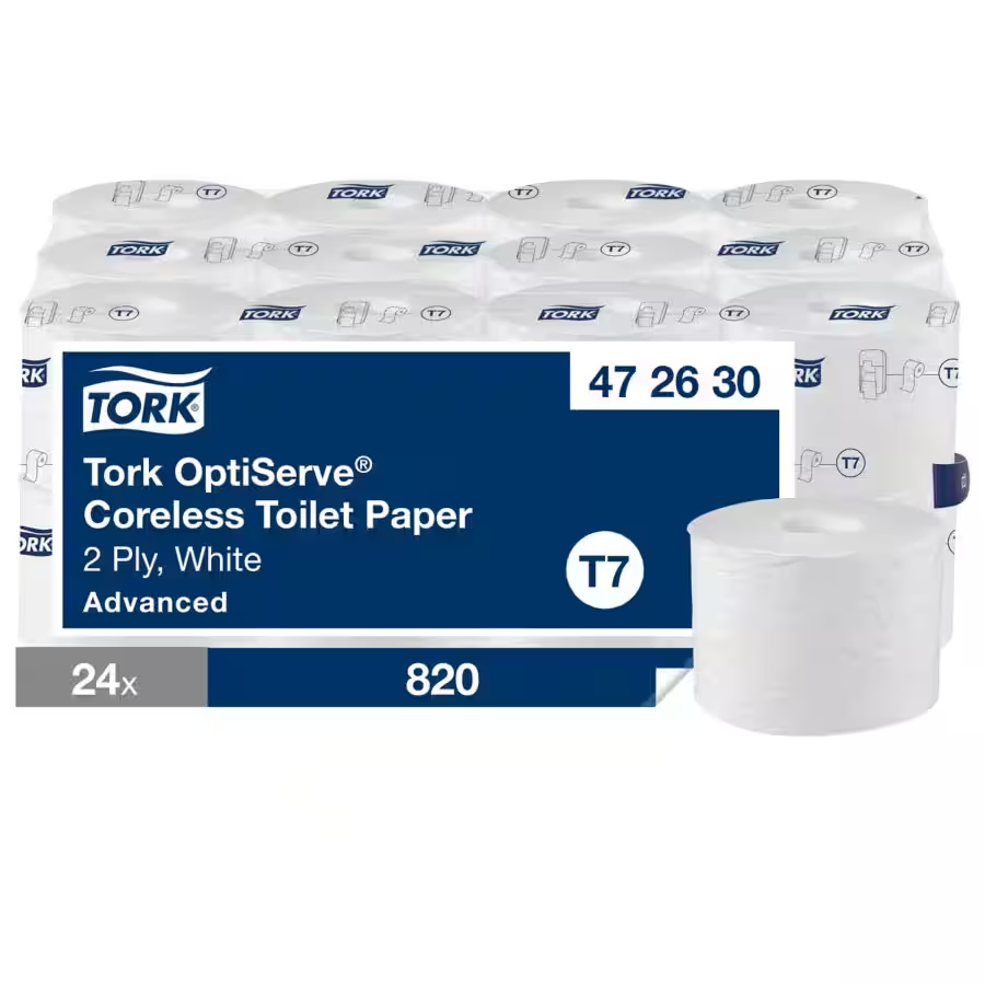 Tork OptiServe kerneløst toiletpapir, 2-lags, hvid, system T7, 24 ruller á 820 ark