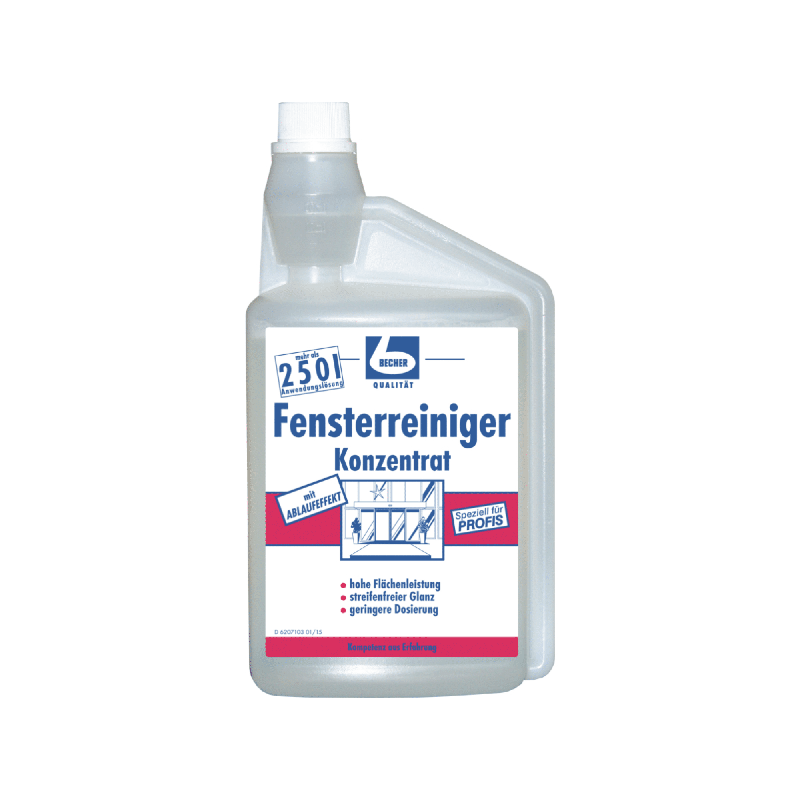 En flaske Dr. Becher vinduesrens koncentrat - 1 liter fra Dr. Becher GmbH. Den gennemsigtige flaske med hvidt etiket viser tysk tekst og et diagram af et vindue, der bliver rengjort - perfekt til stribefri vinduer. Den hvide hætte har en spids tud for nem påføring.
