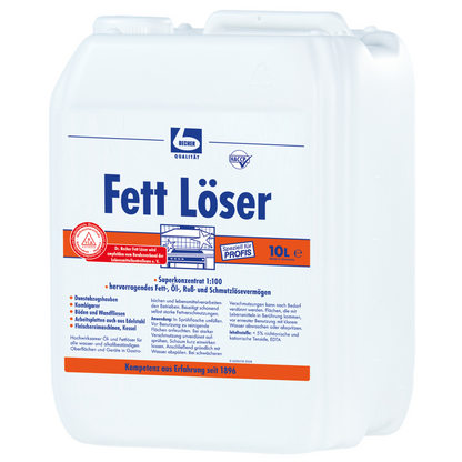 Hvid plastikdunk med teksten "Dr. Becher Fedt Løser", produktinformationer og logoer i blå og rød. Kapacitet markeret med 10 liter. Sikkerheds- og brugsanvisninger.
