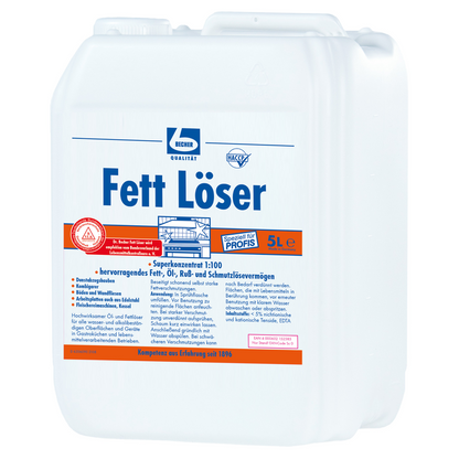 En hvid 5-liters plastikkande med teksten "Dr. Becher Fedt Løser" i blå og rød. Etiketten giver oplysninger om brugen af fedtopløseren til professionelle i køkkenområdet,
