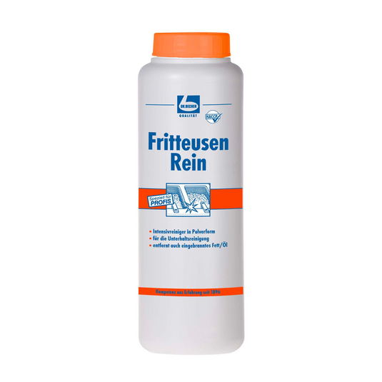 En hvid plastikflaske med orange låg med påskriften „Dr. Becher Fritteusen Rei, Pulver“ fra Dr. Becher GmbH med blå-orange grafik som professionel pulverformet intensiv frituregryderenser til fjernelse af indbrændt fedt.