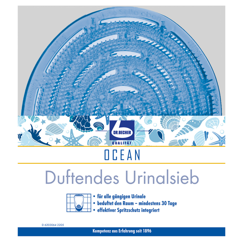 En rund, blå Dr. Becher Duftende urinalsi med havtema, fisk- og bølgemønster, teksten "Ocean" og en tysk tekst, der reklamerer for effektivitet i 30 dage. Logoet "Dr. Becher GmbH" er også synligt på urinalsien.