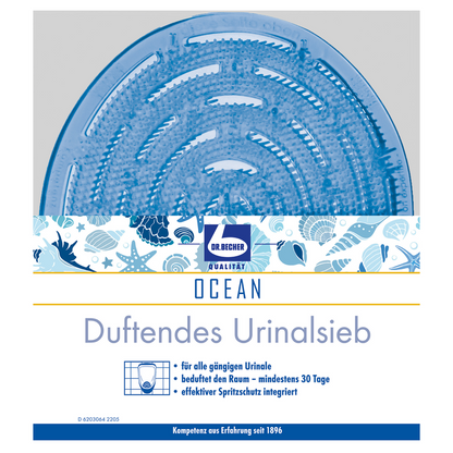 En rund, blå Dr. Becher Duftende urinalsi med havtema, fisk- og bølgemønster, teksten "Ocean" og en tysk tekst, der reklamerer for effektivitet i 30 dage. Logoet "Dr. Becher GmbH" er også synligt på urinalsien.