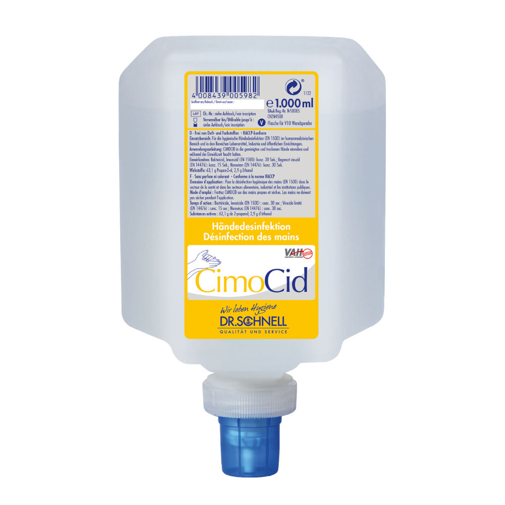 En rektangulær, gennemsigtig plastikflaske fra DR.SCHNELL GmbH & Co. KGaA med teksten "Dr. Schnell CIMOCID Alkoholiske Hånddesinfektion" og en blå lukning i bunden indeholder 1000 ml hånddesinfektionsmiddel. Etiketten indeholder flersprogede instruktioner og produktoplysninger til hygiejnisk desinfektion.