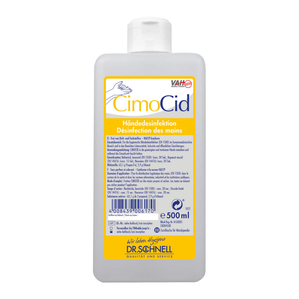 En 500 ml-flaske Dr. Schnell CIMOCID Alkoholiske Hånddesinfektion er forsynet med en gul etiket med tekst på tysk og fransk, der indeholder instruktioner til hygiejnisk hånddesinfektion. Flasken er udstyret med en hvid flip-lukning og har en stregkode i nederste venstre hjørne for nem adgang til produktoplysninger, fremstillet af DR.SCHNELL GmbH & Co. KGaA.