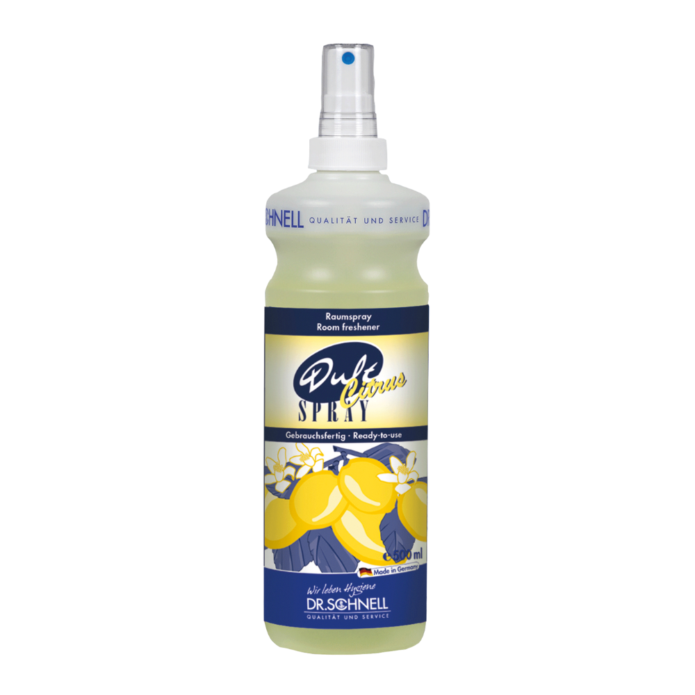 Eine 500 ml Sprühflasche DR.SCHNELL Duftspray Citrus Raumerfrischer der DR.SCHNELL GmbH & Co. KGaA, mit frischem Zitronenduft und zweisprachigem (deutsch/englisch) Etikett mit Zitrusmotiv und weißem Sprühkopf.