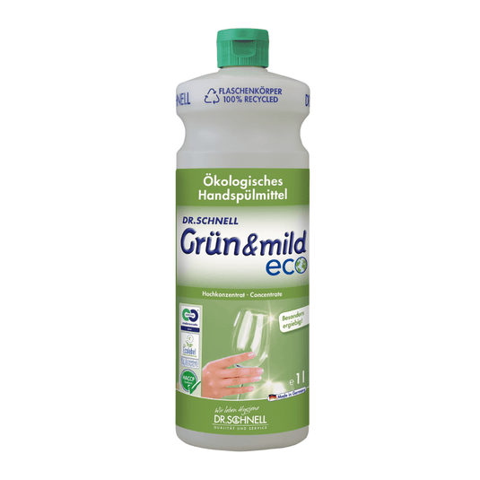 Dr. Schnell GRÜN & MILD ECO, et økonomisk økologisk opvaskemiddel til håndopvask, fås i en hvid-grøn plastflaske. Etiketten viser en hånd, der vasker et vinglas, samt en tysk tekst, der fremhæver de miljømæssige fordele og de hudvenlige egenskaber. Flasken, der er fremstillet af DR.SCHNELL GmbH & Co. KGaA, har en grøn prop med HACCP-certificering.