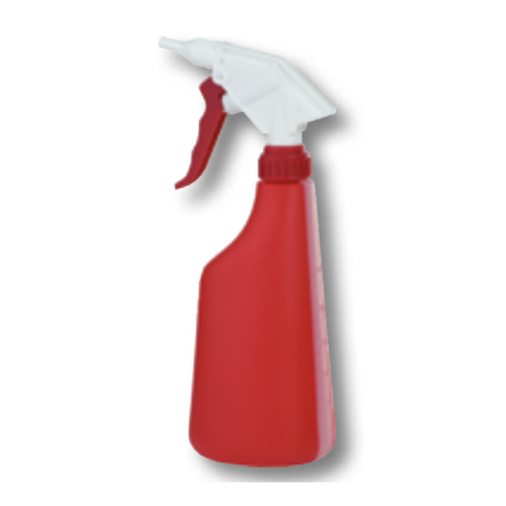Denne røde plastik-sprayflaske, der ligner en Dr. Becher håndsprayenhed (tom), har en hvid-rød dyse for nem håndtering. Det opretstående design med nedadgående aftrækker er ideelt til rengøringsopgaver og viser effektiviteten af produkterne fra Dr. Becher GmbH foran en enkel hvid baggrund.