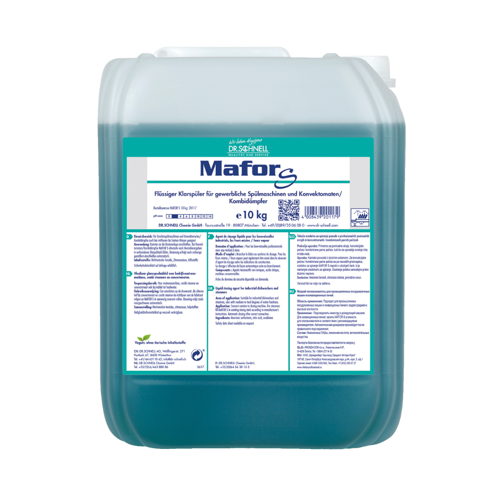 En 10 kg-beholder Dr. Schnell MAFOR S Sure Skyllemiddel til kommercielle opvaskemaskiner fra DR.SCHNELL GmbH & Co. KGaA indeholder en blågrøn opløsning, der er synlig gennem den gennemsigtige emballage. Etiketten indeholder produktinformationer og brugsanvisninger på tysk og viser stolt EU-miljømærket, der bekræfter dets miljøvenlige egenskaber.