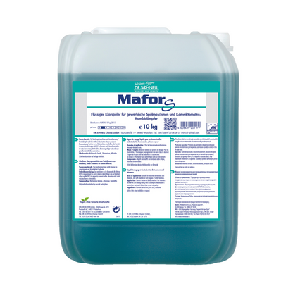 En 10 kg-beholder Dr. Schnell MAFOR S Sure Skyllemiddel til kommercielle opvaskemaskiner fra DR.SCHNELL GmbH & Co. KGaA indeholder en blågrøn opløsning, der er synlig gennem den gennemsigtige emballage. Etiketten indeholder produktinformationer og brugsanvisninger på tysk og viser stolt EU-miljømærket, der bekræfter dets miljøvenlige egenskaber.