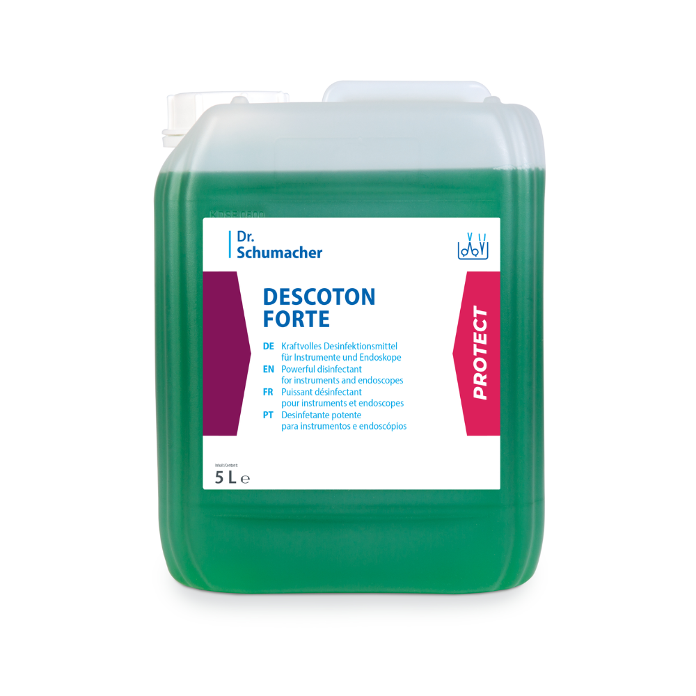 En 5-liters beholder af gennemsigtig plast med desinfektionsopløsningen Dr. Schumacher Descoton Forte, instrumentdesinfektion 5 liter | Dunk (5 l) fra Dr. Schumacher GmbH til desinfektion af medicinske instrumenter og endoskoper. Etiketten indeholder tekst på flere sprog og har røde og hvide accenter. Beholderen indeholder en grøn væske og har et hvidt skruelåg.