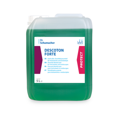 En 5-liters beholder af gennemsigtig plast med desinfektionsopløsningen Dr. Schumacher Descoton Forte, instrumentdesinfektion 5 liter | Dunk (5 l) fra Dr. Schumacher GmbH til desinfektion af medicinske instrumenter og endoskoper. Etiketten indeholder tekst på flere sprog og har røde og hvide accenter. Beholderen indeholder en grøn væske og har et hvidt skruelåg.