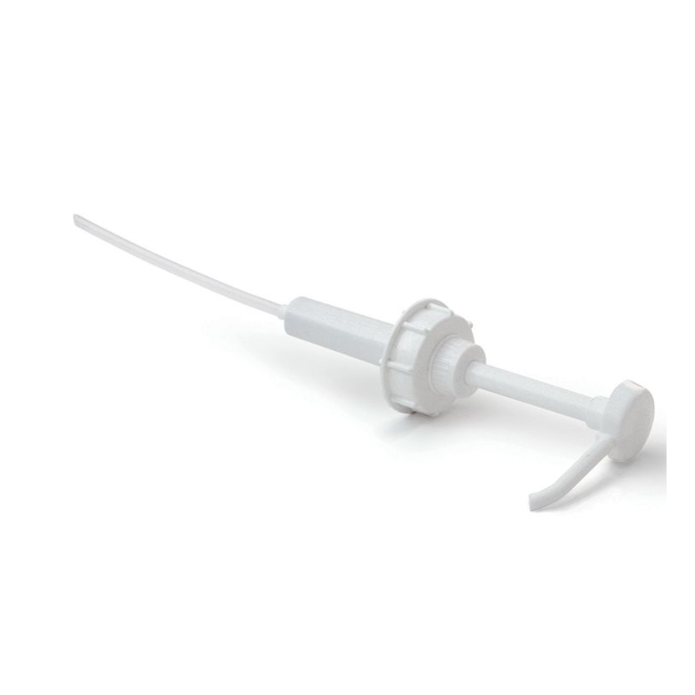 Dr. Schumachers dunkanspumpe er en hvid plastpumpe med lang dyse og skruelåg, der er specielt udviklet til at afgive 30 ml væsker fra 2-, 5- eller 10-liters beholdere og er derfor ideel til desinfektionsprodukter.