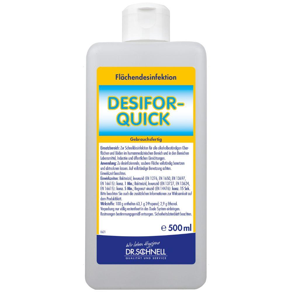 En 500 ml flaske Dr. Schnell DESIFOR-QUICK overfladedesinfektion fra DR.SCHNELL GmbH & Co. KGaA, med hvid lukning og gul-blå etiket på tysk, ideel til hygiejnisk sensitive omgivelser.