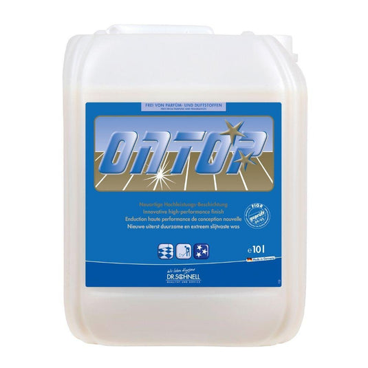 DR.SCHNELL ONTOP gulvbelægning i 10-liters dunk er en hvid plastbeholder med blå etiket, skruelåg og angivelse af lang holdbarhed. Ideel til miljøvenlig gulvpleje fra DR.SCHNELL GmbH & Co. KGaA.