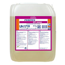 Ein 25-kg-Kunststoffbehälter mit Dr. Schnell PEROTEX CF 2000 Chlorfreier Geschirrreiniger von DR.SCHNELL GmbH & Co. KGaA, gekennzeichnet mit mehrsprachigen Anweisungen, Sicherheitssymbolen und dem Gefahrstoffcode UN 1719.
