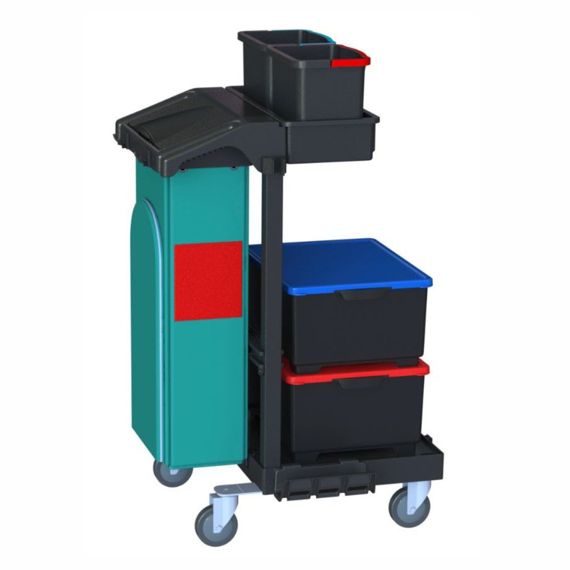 Arcora Ecoblack 120 viceværtvogn fra Arcora International GmbH har fire hjul, en grøn sidebeholder, en sort opbevaringsflade og to sorte beholdere med rødt og blåt låg til en organiseret rengøring. Størrelse: 730 x 600 x 1140 mm.