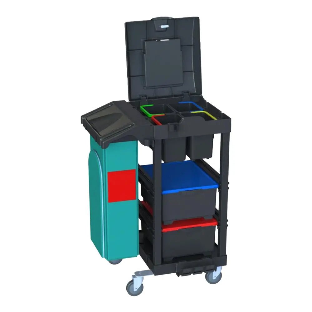 Arcora Ecoblack 140 fra Arcora International GmbH er en sort og blågrøn rullevogn (740 x 600 x 1100 mm) med beholdere, skåle, en sideaffaldsbeholder og åben, delt tag - perfekt til rengøringsmidler eller miljøvenlig karton.