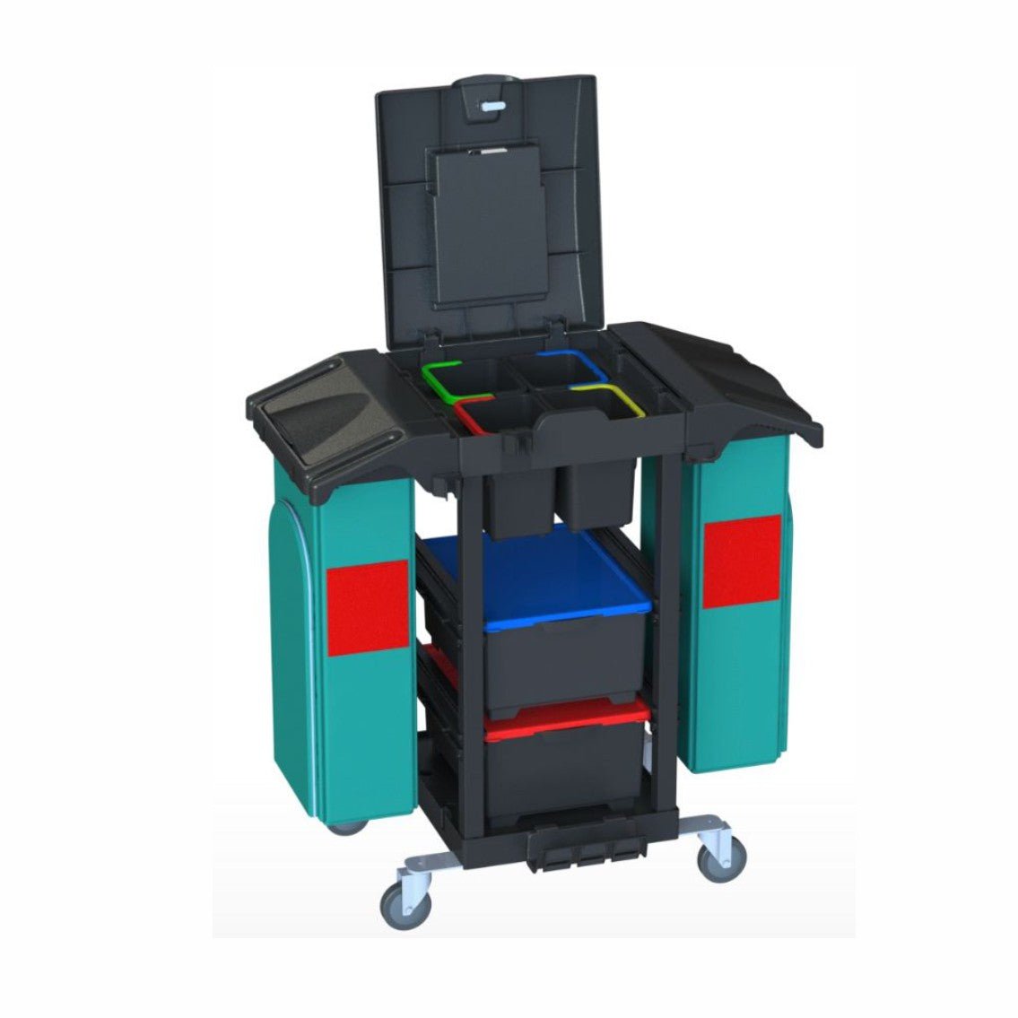 Den Arcora Ecoblack 150 (1030 x 600 x 1100 mm) rengøringsvogn fra Arcora International GmbH har en sort ramme, sidehylder og fire farvede beholdere til nem organisering af dine forsendelsesemballager. Leveres som et stykke i kassen.