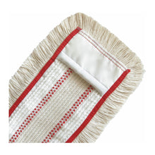 Eine Nahaufnahme des rechteckigen Arcora QUATTRO MOPP von Arcora International GmbH mit beigen Fransen und rotem Rand für eine effiziente Bodenreinigung.