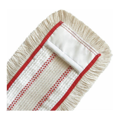En nærbillede af den rektangulære Arcora QUATTRO MOPP fra Arcora International GmbH med beige frynser og rød kant til en effektiv gulvrengøring.