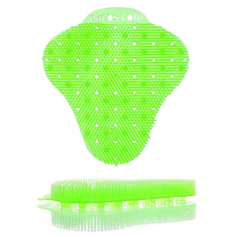 Den lysende grønne Ekcos Ekcoscreen urinalmåtte - 60+ dage fra Diversey Deutschland GmbH & Co. OHG har børster, jævnt fordelte huller til hygiejnisk rengøring og inskriptionen "ekcos.com" på toppen. Afbildet i for- og sidevisning.