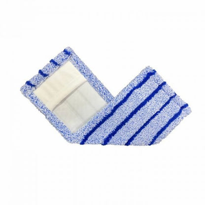 Arcora RUNNER BLUE DB - FC MED DÆKBLAD fra Arcora International GmbH er en rektangulær blå-hvid stribet moppepude med en indvendig lomme, perfekt som en blå løber til rengøringsopgaver indendørs.