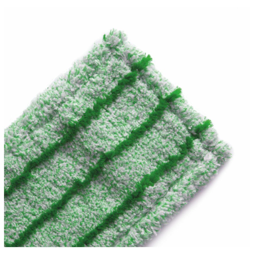 Nærbillede af Arcora RUNNER GREEN DB - FC MED DÆKBLAD fra Arcora International GmbH: en grøn-hvid mikrofiber-moppude med tre hævede grønne striber af materialer af høj kvalitet på hvid baggrund - ideel til indendørs brug.