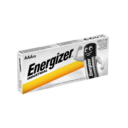 Afbildet er en rektangulær pakke Energizer Industrial Alkaline EN92 LR03 AAA Micro | Pakke (10 stykker) fra Energizer Deutschland GmbH. Den hvide æske med gule og sorte accenter indeholder 10 batterier. På forsiden ses Energizer-logoet og et billede af en batterifigur med arme. Hvert batteri leverer 1,5 volt strøm.