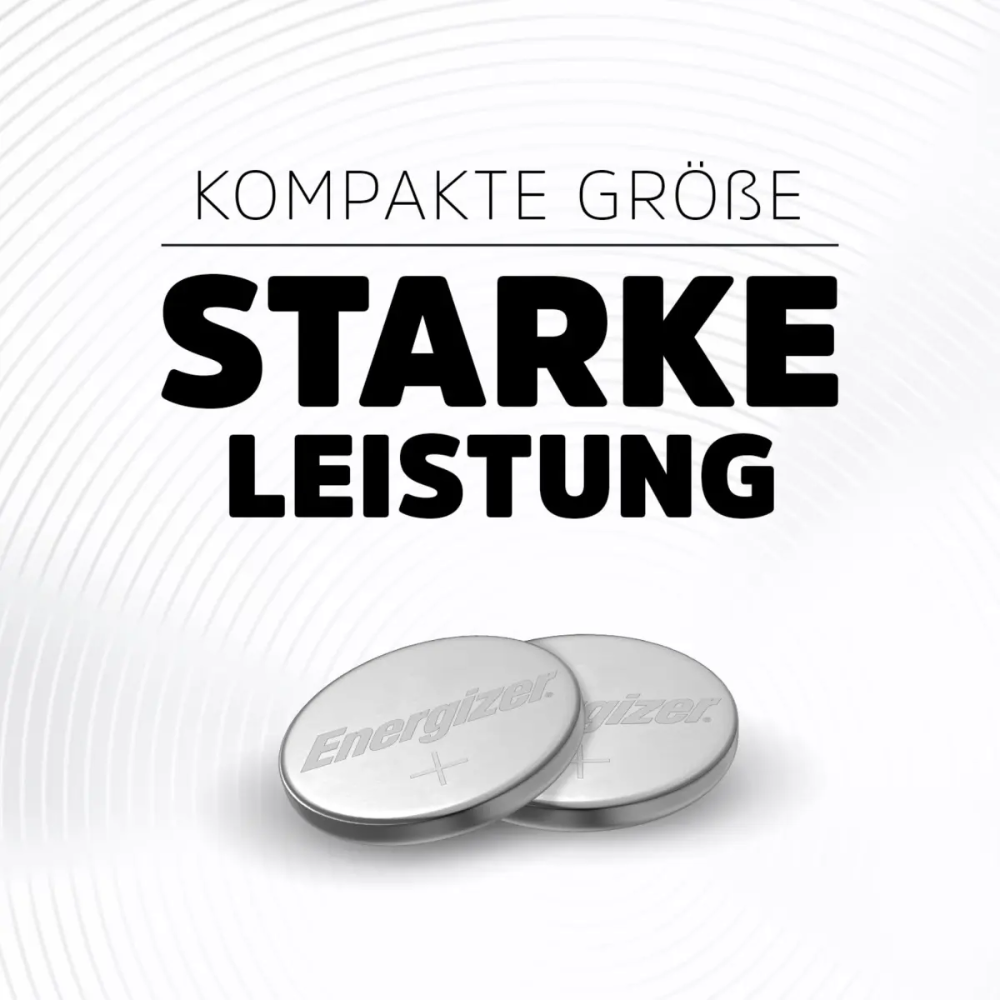 To Energizer knapceller CR 2025 3V 163 mAh Lithium | Pakker (12 stykker) fra Energizer Deutschland GmbH vises på en hvid baggrund med cirkulære bølger. Over batterierne står der på tysk 'Kompakt størrelse, stærk ydeevne'.