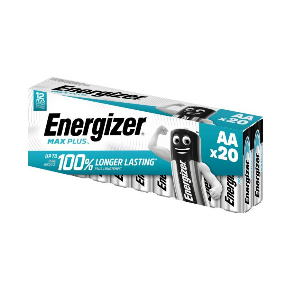 Afbildet er en pakke med 20 Energizer Max Plus Mignon AA-batterier fra Energizer Deutschland GmbH. Emballagen reklamerer med en „100 % længere levetid“ og en holdbarhed på 12 år. Mærkenavnet „Energizer Max Plus“ er fremtrædende afbildet sammen med billedet af en batterifigur med arme, hvilket understreger batteriets lange levetid og pålidelighed.