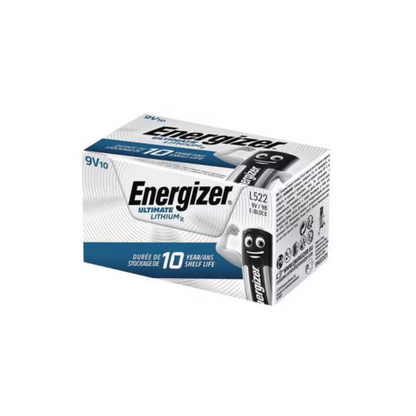 En hvid-grå æske med Energizer Ultimate Lithium E-Block 9V L522 | Pakke (10 stk), en langvarig energikilde. Emballagen angiver, at der er ti batterier med en holdbarhed på 10 år. På venstre side ses logoet for Energizer Deutschland GmbH, mens der på højre side er produktinformationer og et batteribillede.